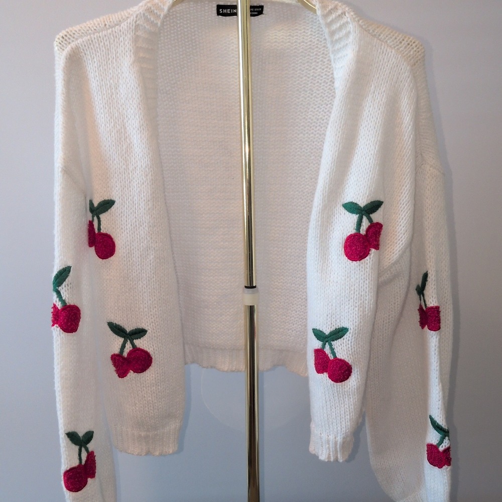 Shein Cherry Applique Cardigan Womens Large White Open Front, Open Knit Sweater